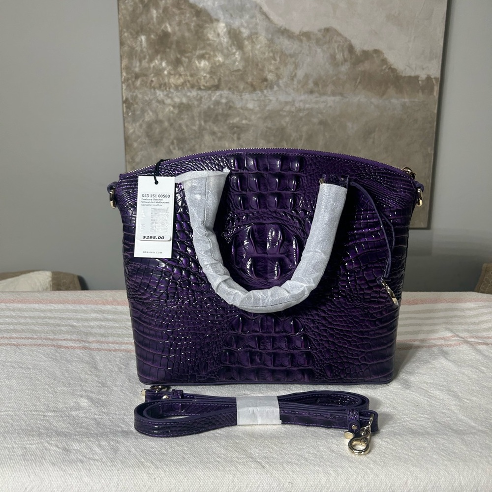 Brahmin Deep Purple Crocodile-Embossed Satchel